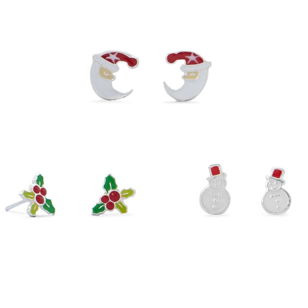 .925 Sterling Silver Santa, Holly and Snowman Earring Set